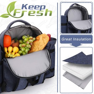 Mochila de piquenique para 2 pessoas com compartimento refrigerador, suporte removível para garrafa/vinho, cobertor de lã, conjunto de pratos e talheres (2 pessoas, azul marinho)