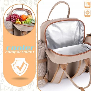 Sac à dos de pique-nique pour 4 personnes avec porte-bouteilles amovible, compartiment alimentaire isolé et couverts de pique-nique pour le camping familial en plein air et cadeau (gris)